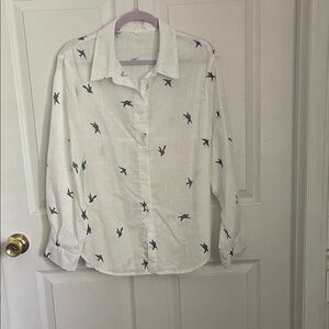SHEIN White Button Down Shirt with Bird Print